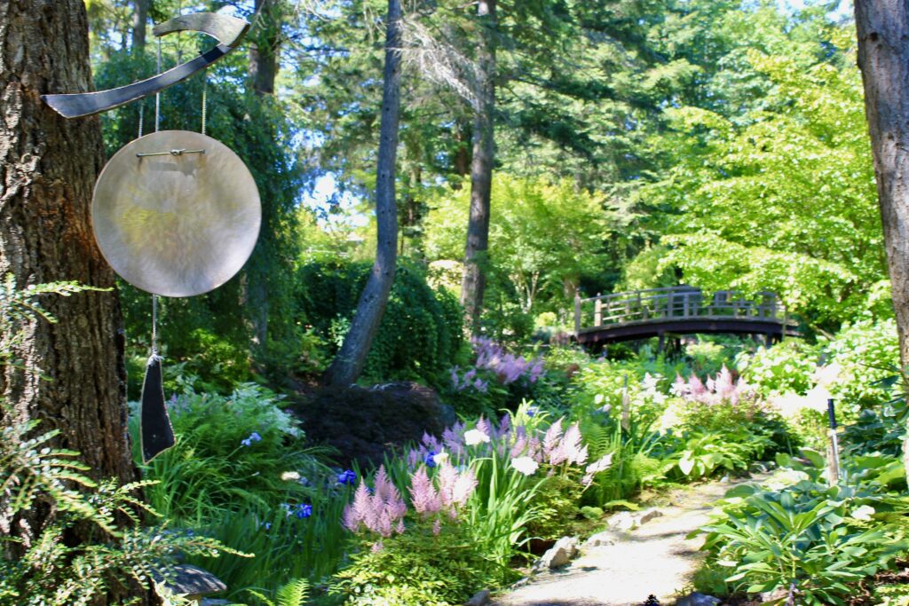 Woodland garden path and wooden bridge at The Gardens at HCP in Victoria BC