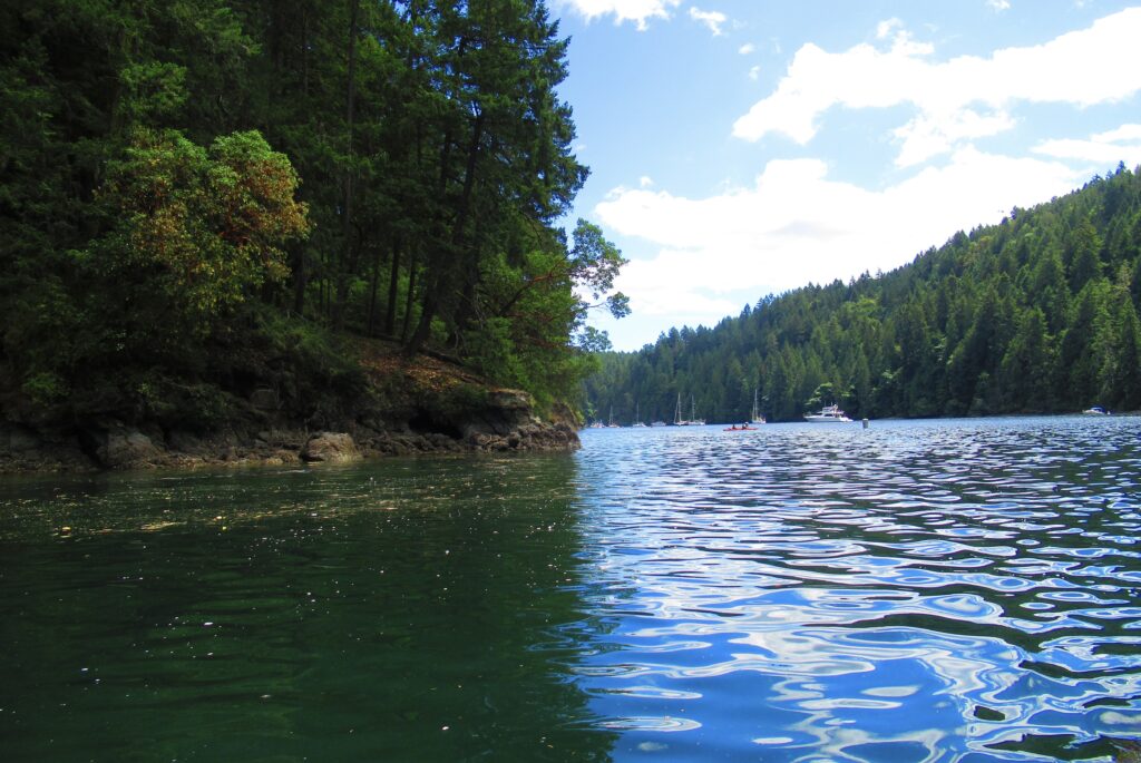 Tod Inlet near Butchart Gardens on Vancouver Island with calm water, forested shoreline, and boats in the distance