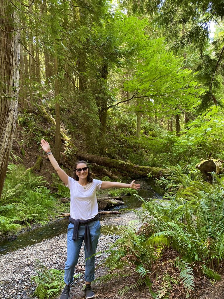 Coastal rainforest trail with creek, ferns, and towering evergreens in Royal Roads