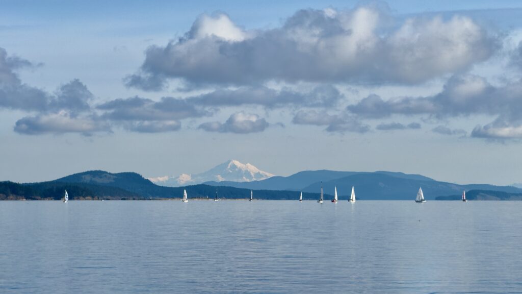 Mount Baker view from Victoria BC coastline with sailboats on calm ocean