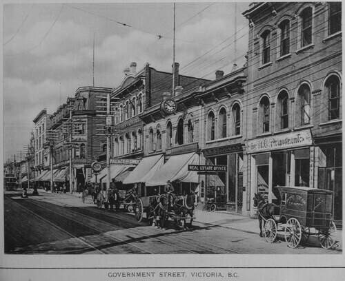 Historic photograph of Government Street in Victoria, BC, during the Fraser River Gold Rush, showing the city's early growth.